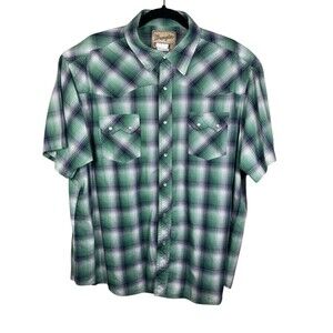 Wrangler Western‎ Mens Plaid Shirt 2XL Short Sleeve Green Bl Pearl Snap Cotton